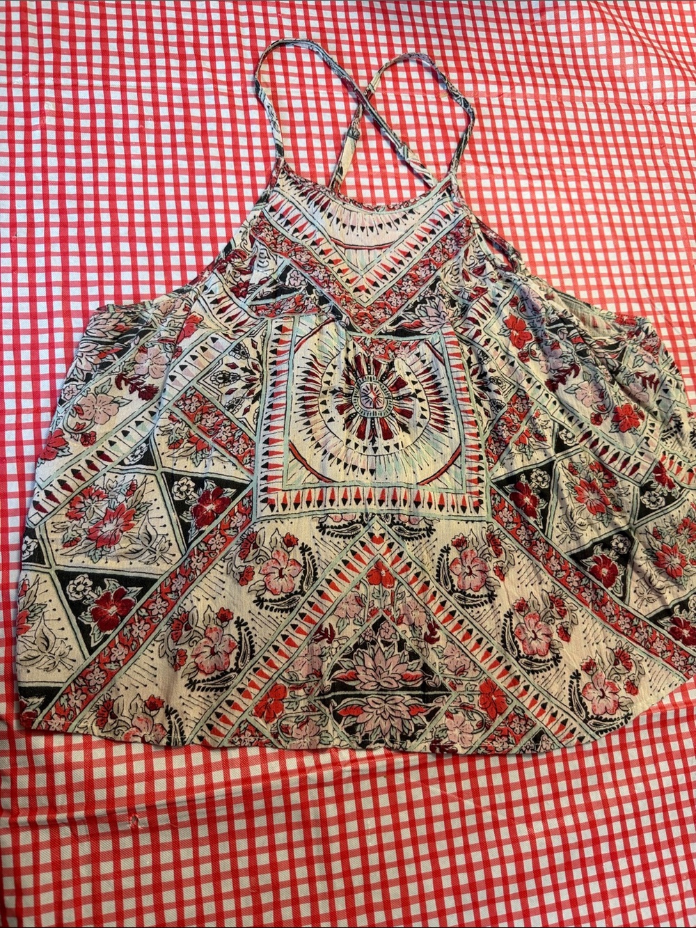 Billabong Floral Boho Spaghetti-Strap Cami in Red and Cream